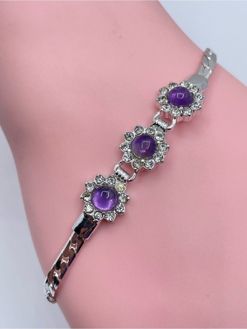 Silver Tone Purple Cat Eye Crystal Floral Bracelet Elegant Glam